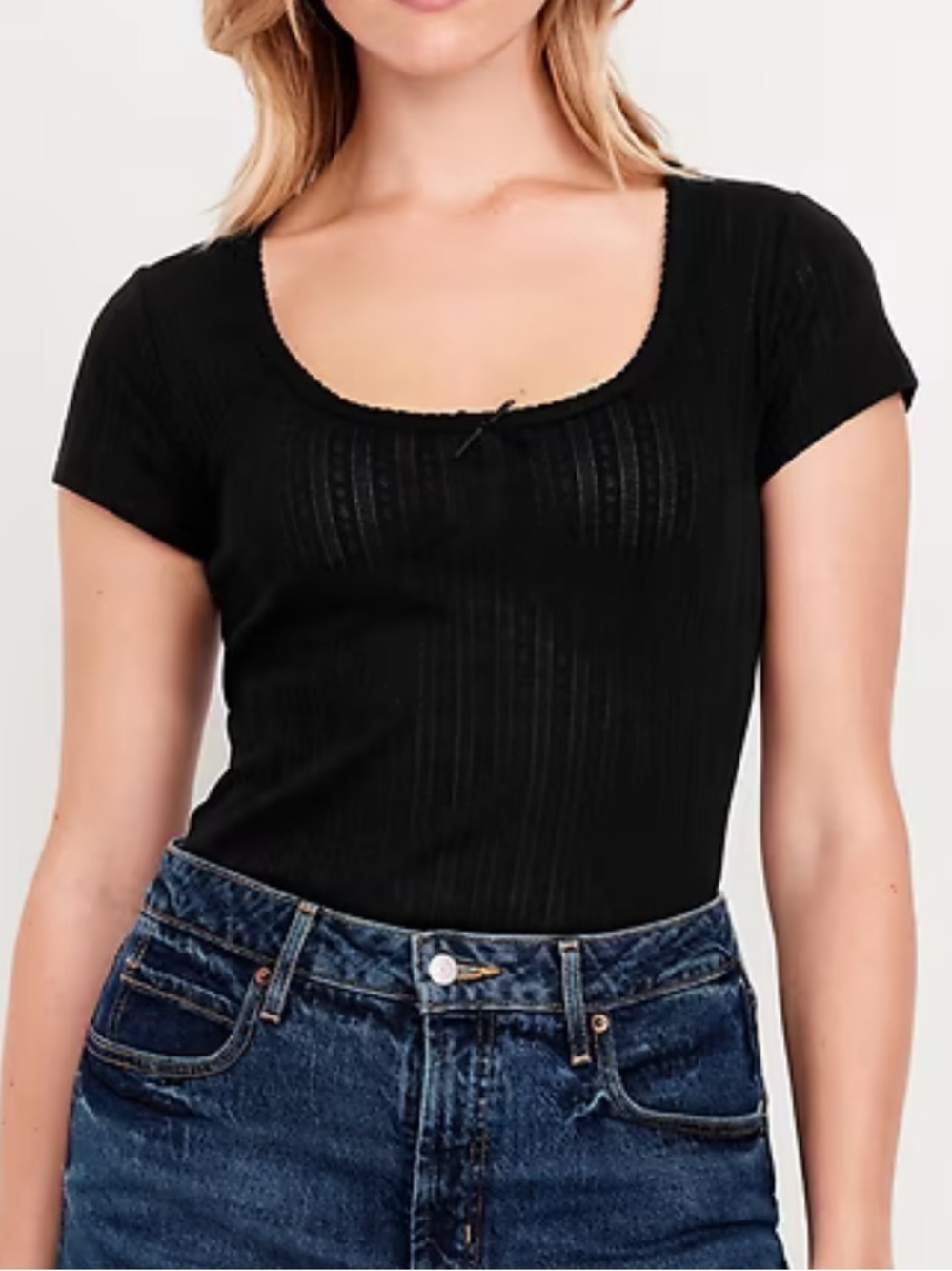 Pointelle Lace Trim Ribbed Tee